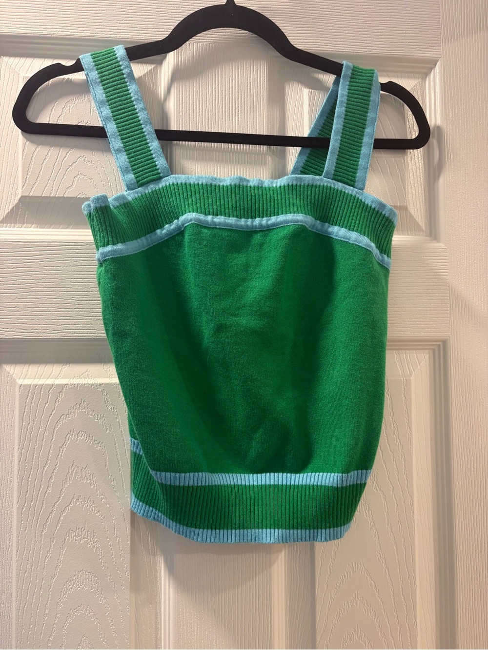 Green Ribbed Square-Neck Tank with Light Blue Trim